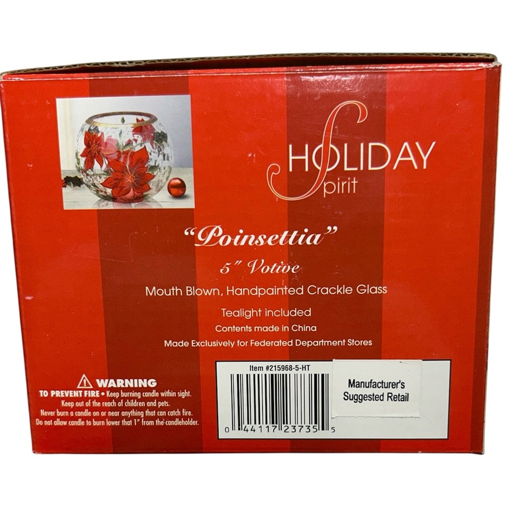 Holiday Spirit Poinsettia Crackle Glass 5" Votive Candle Holder Bowl - Picture 7 of 9